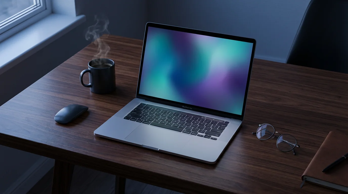 Overhead view of a modern laptop desk setup illuminated by cool evening light.