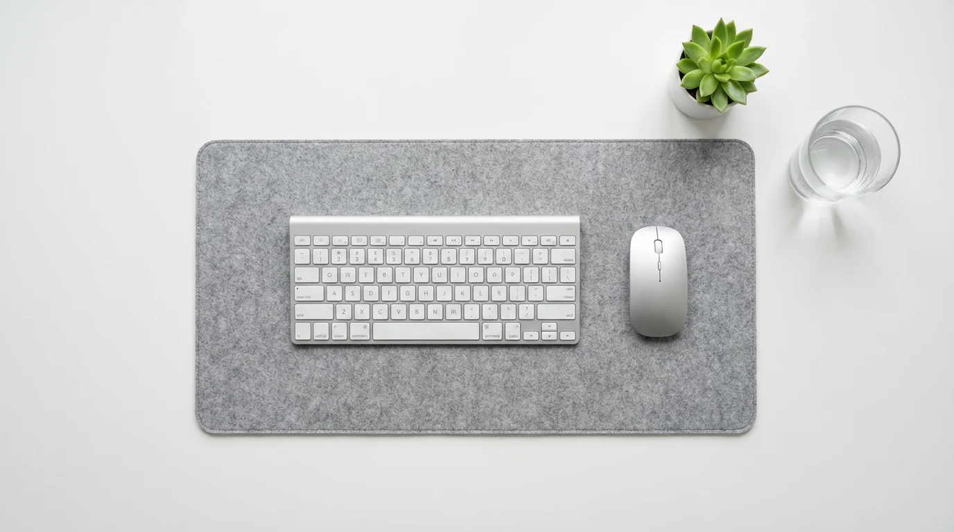 Overhead view of a modern white desk with keyboard mouse and plant