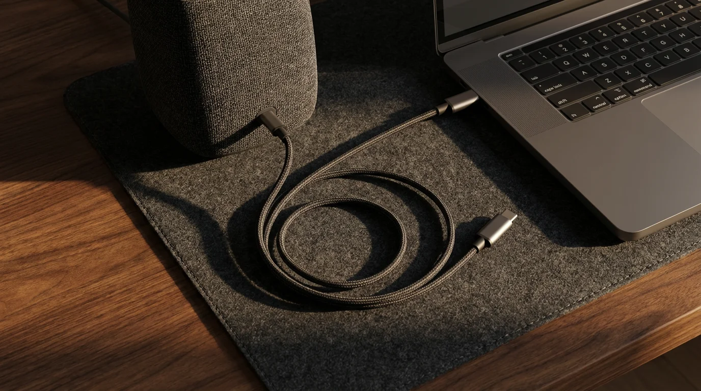 Overhead view of a USB speaker connected to a laptop on a wooden desk