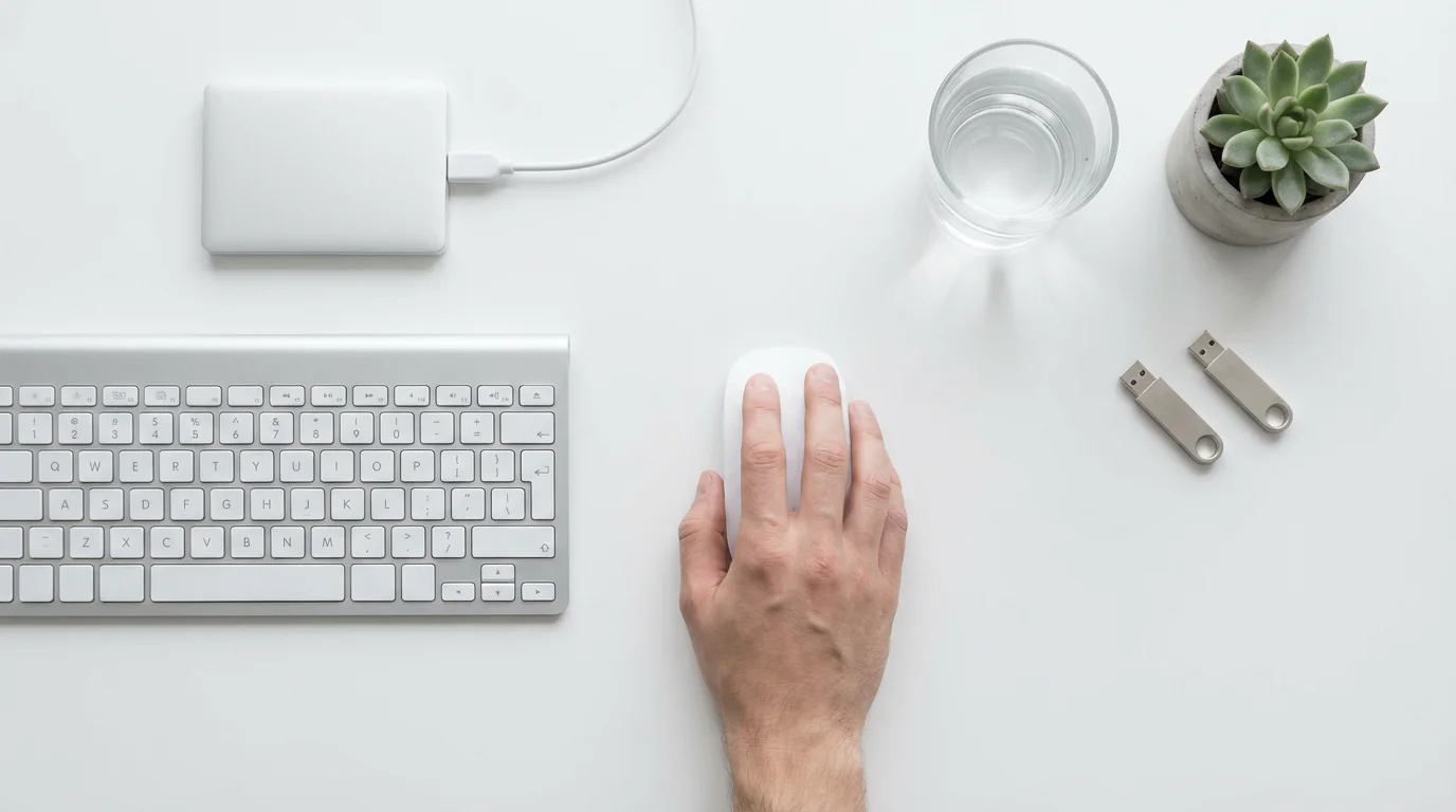 Overhead view of a white desk with keyboard, mouse, and external hard drives.