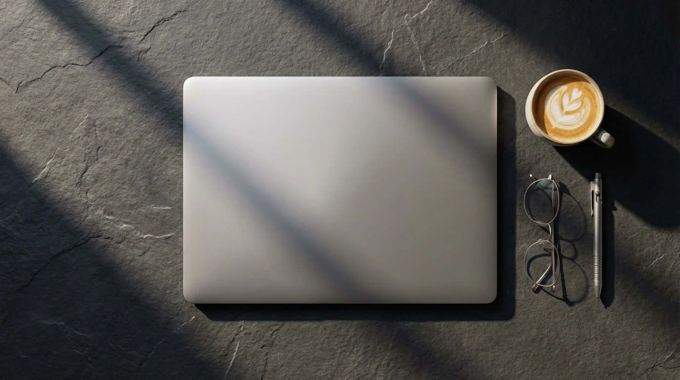 Overhead view of closed laptop and coffee on dark desk with moody shadows.