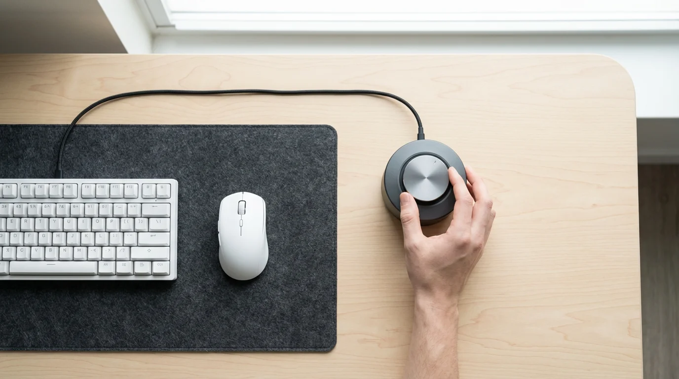 Overhead view of hand adjusting volume on computer speaker on modern desk setup.