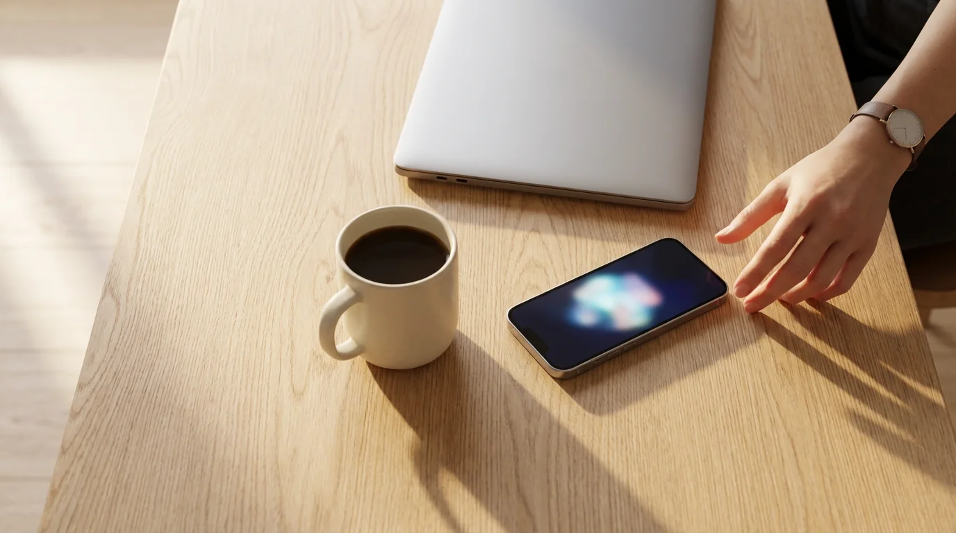 Overhead view of hand reaching for smartphone on wooden desk with coffee