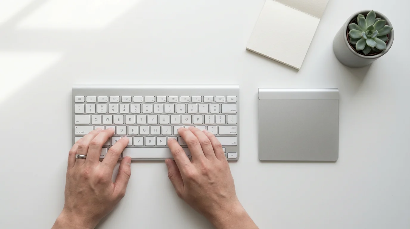 Overhead view of hands using keyboard shortcuts on a minimalist silver Mac setup.