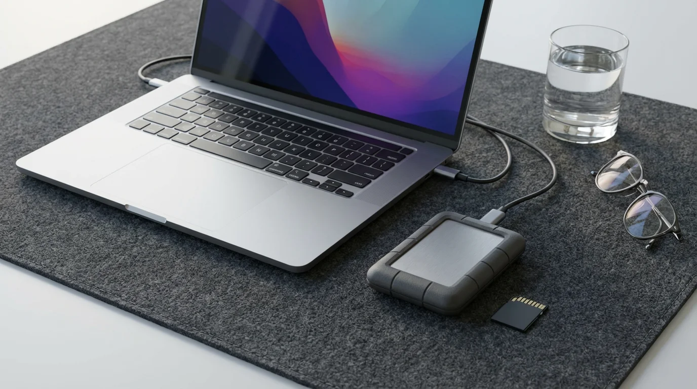 Overhead view of laptop connected to external drive and SD card on grey desk mat.