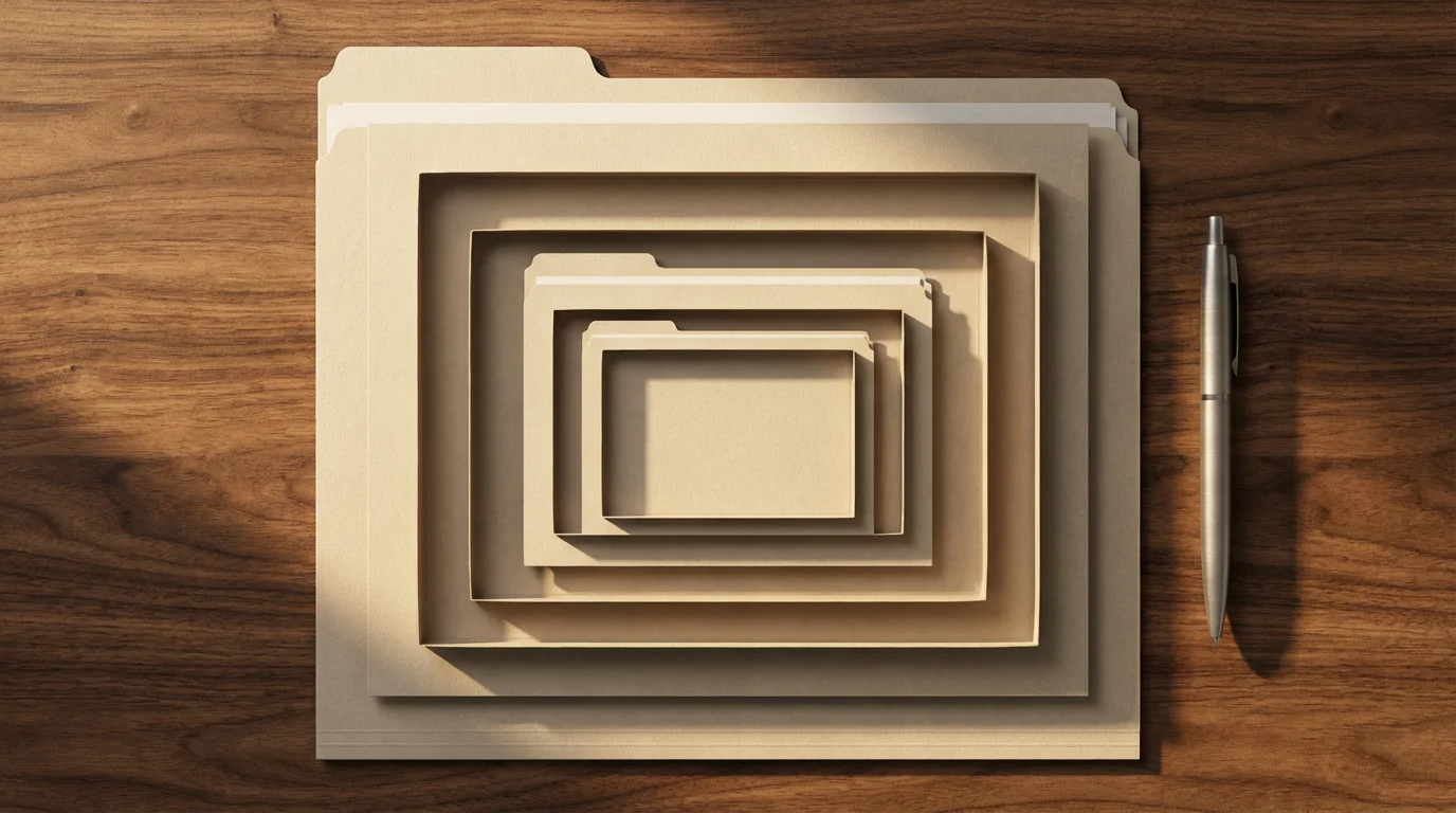 Overhead view of nested blank file folders on a desk representing complex folder structures.