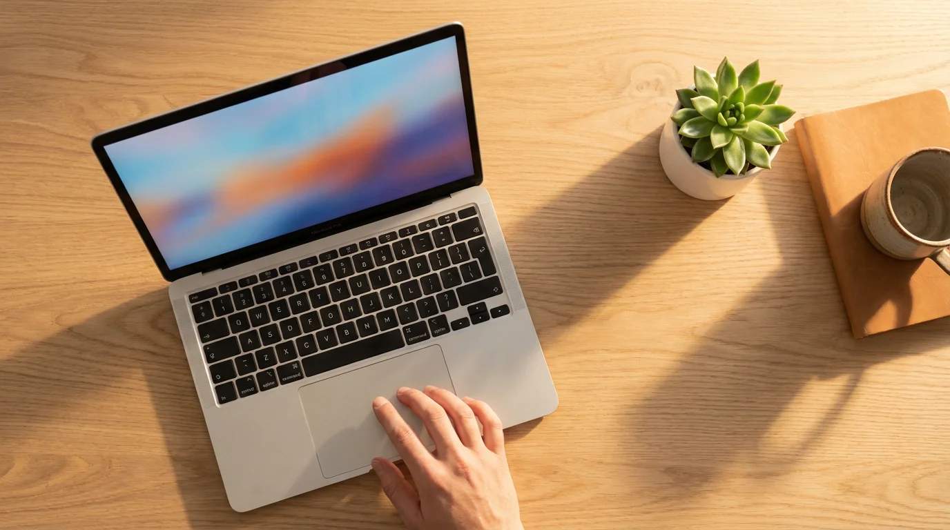 Overhead view of open laptop on wooden desk with succulent and hand in sunlight.