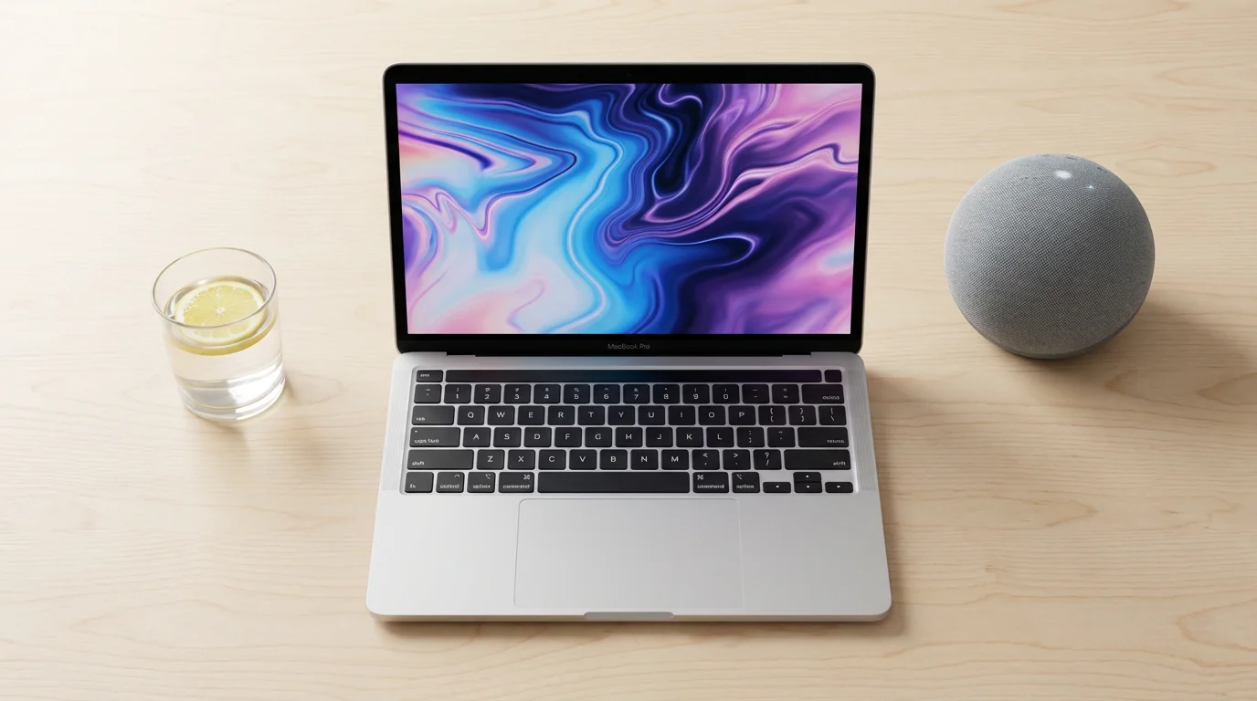 Overhead view of silver laptop and round Bluetooth speaker on light wood desk