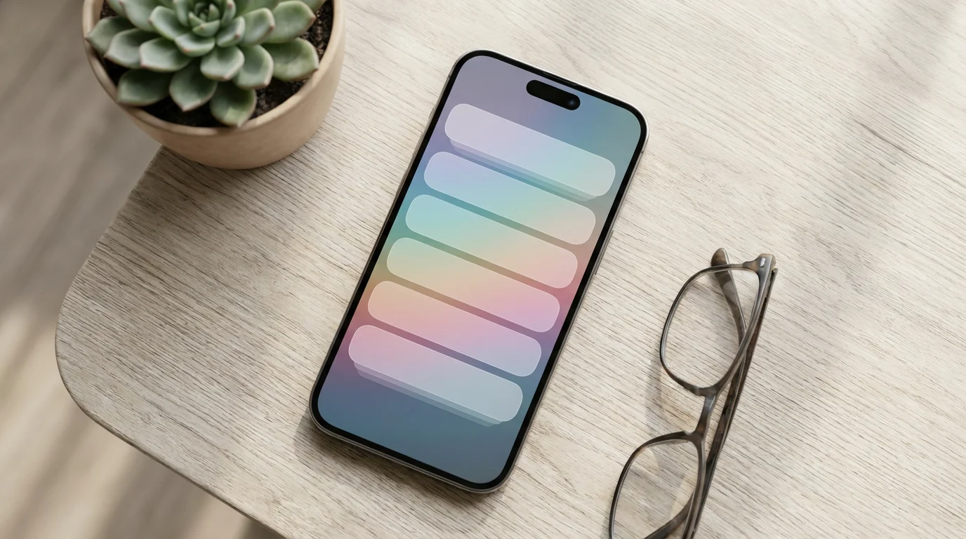 Overhead view of smartphone on desk showing abstract list of notification bars.