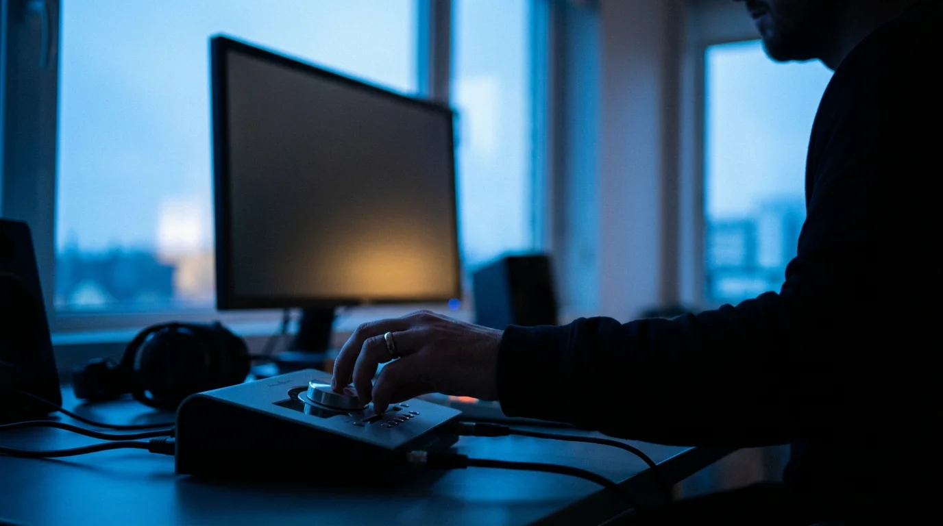 Person adjusting a volume dial on a desk during the evening blue hour.