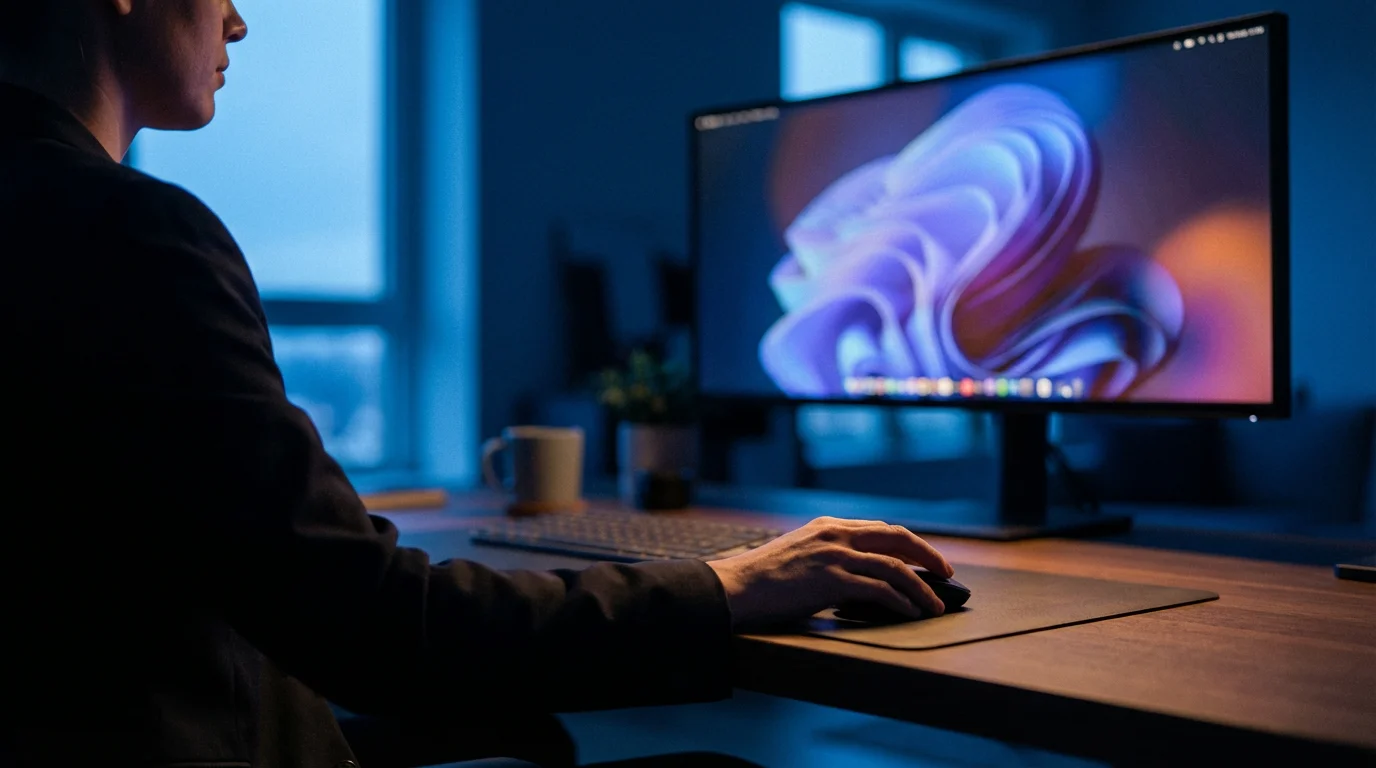Person adjusting computer settings with a mouse in a blue-lit evening home office.