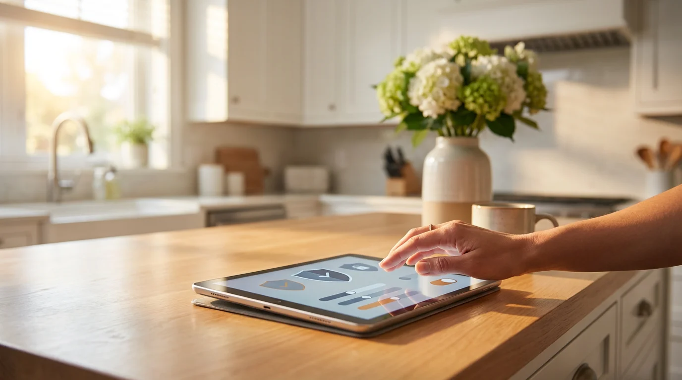 Person adjusting privacy settings on a digital tablet in a bright kitchen