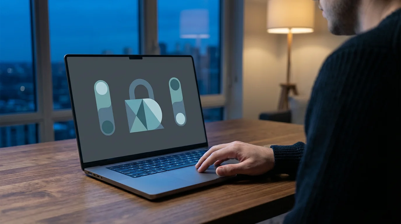 Person adjusting privacy settings on laptop screen with abstract toggle icons during evening.