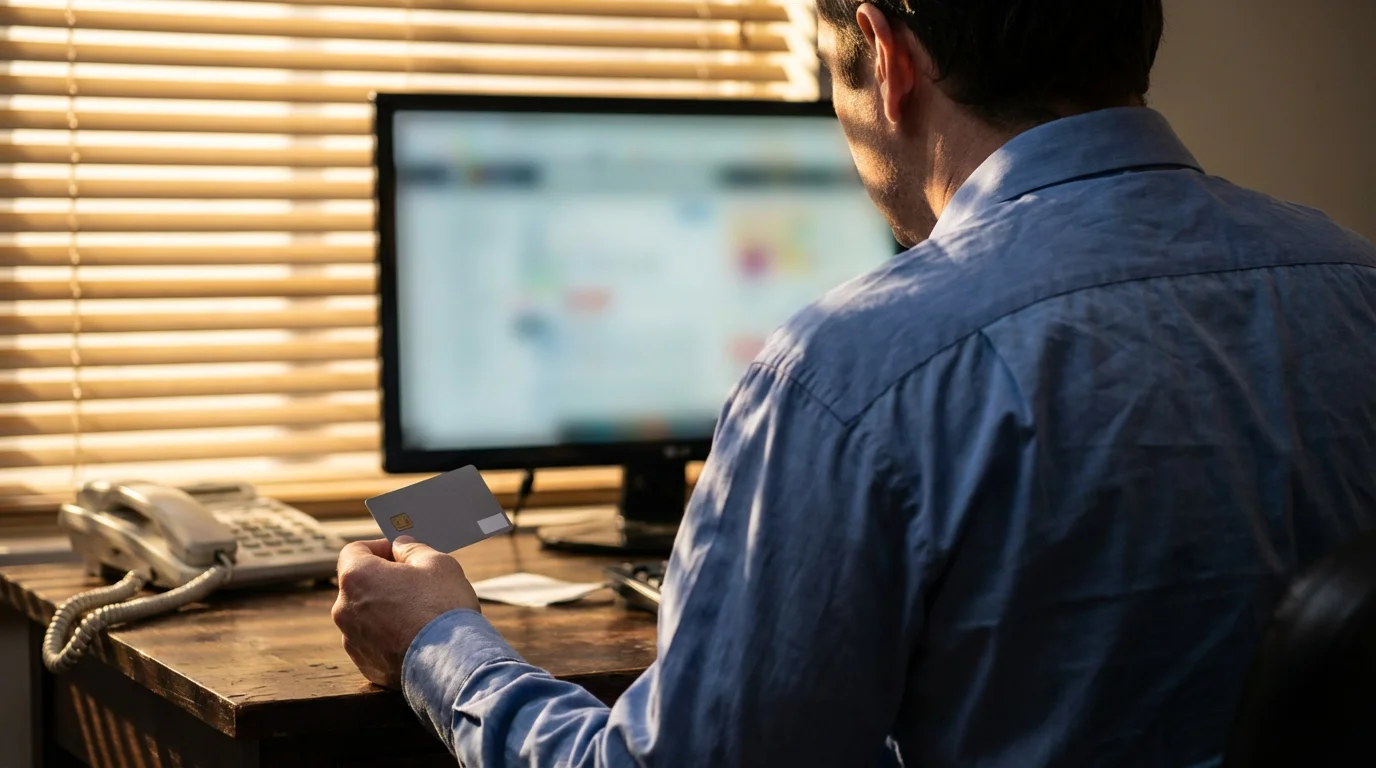 Person at desk holding credit card preparing to report fraud during moody afternoon.