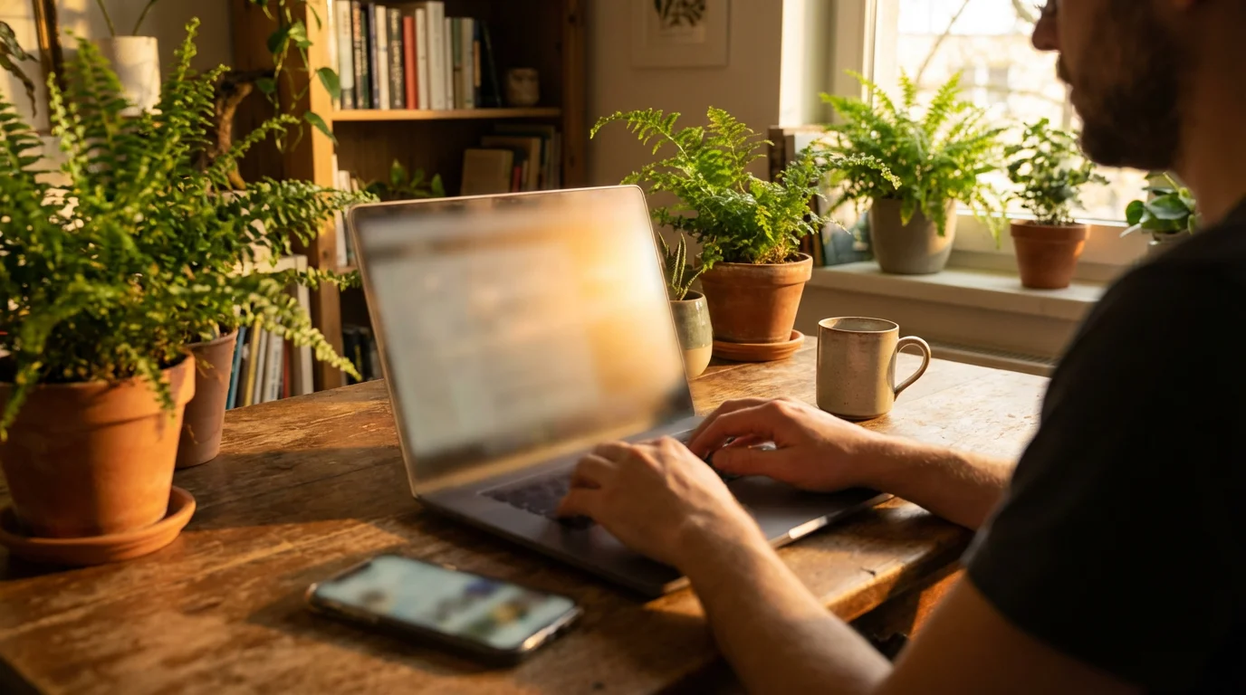 Person at desk with laptop and phone during golden hour.