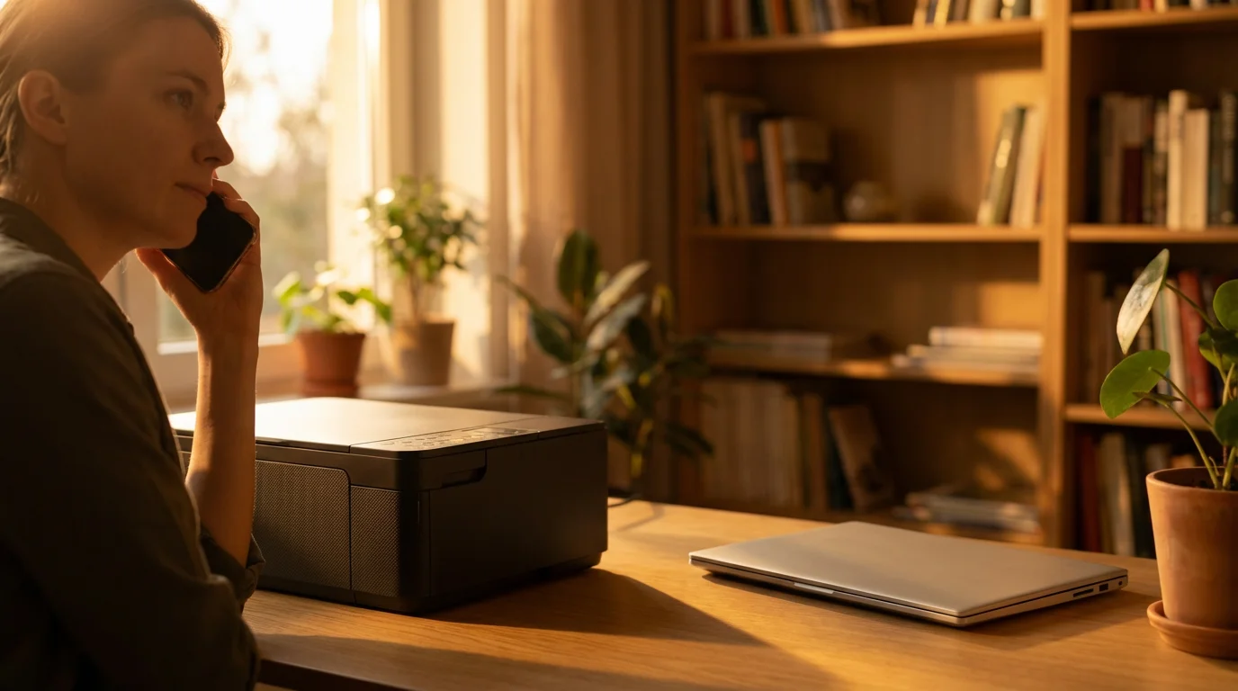 Person calling for tech support on mobile phone next to printer during golden hour.
