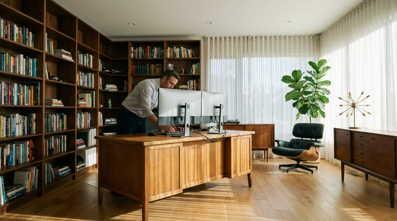 Person checking cables behind dual monitors in a sunny modern home office.