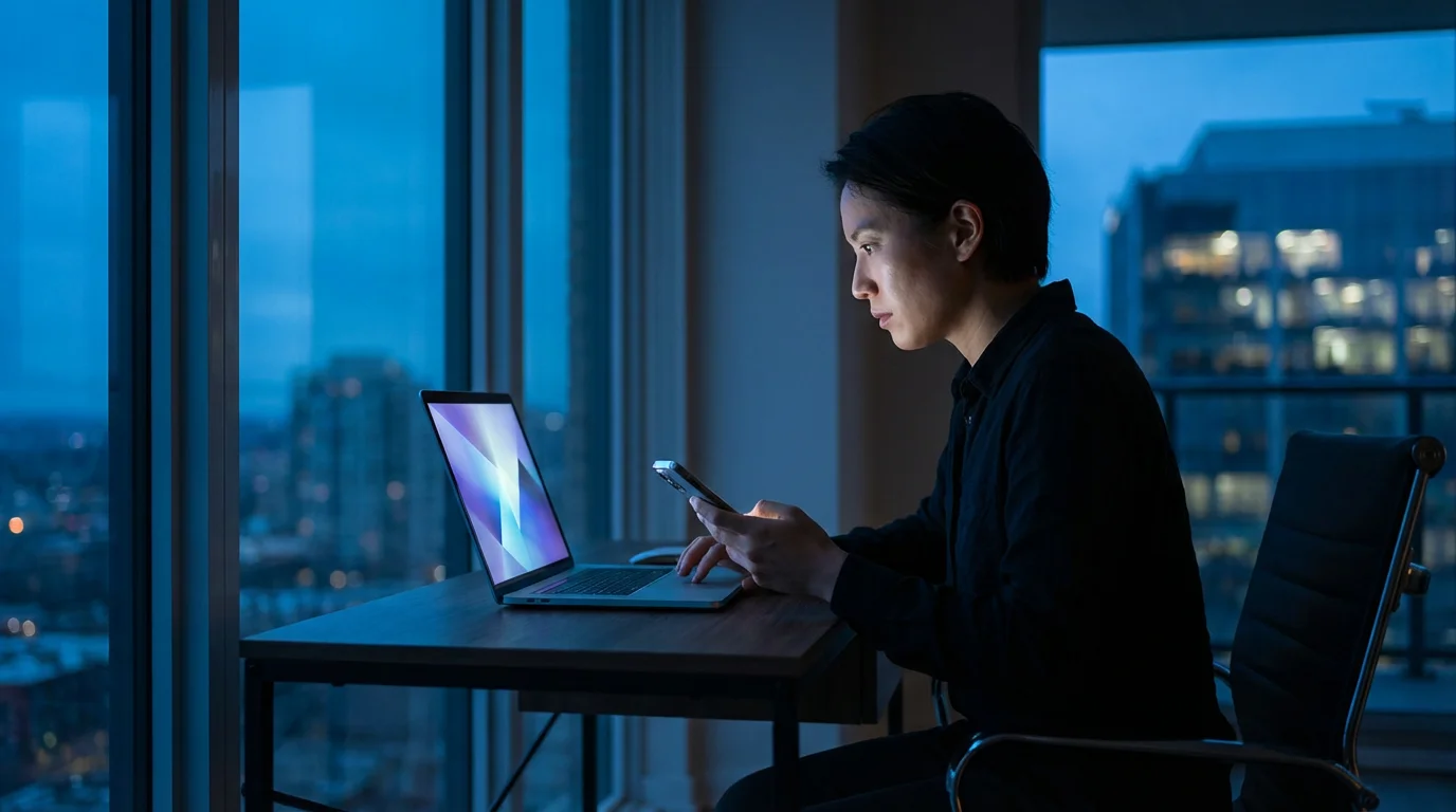Person checking smartphone and laptop screens in a home office at night.