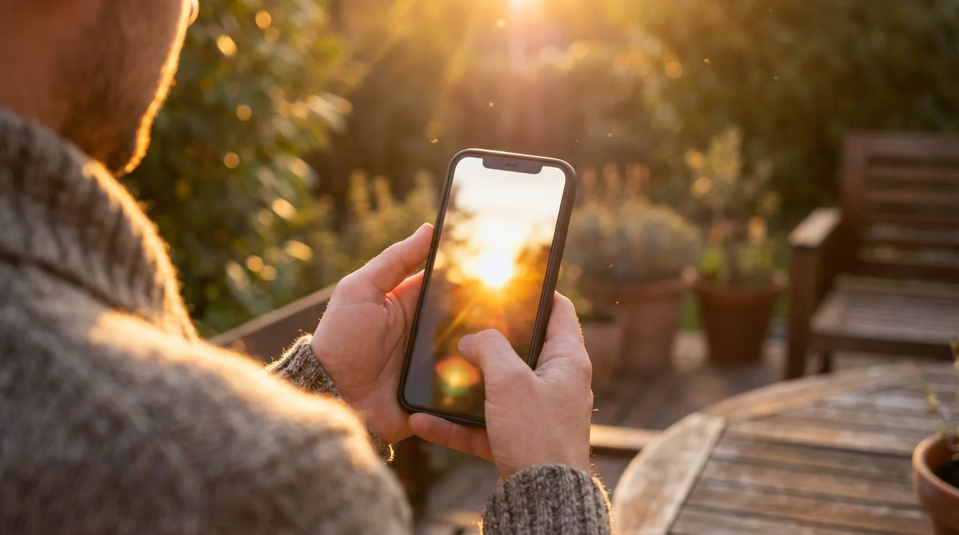 Person checking smartphone on a patio during golden hour sunset with blurred screen.