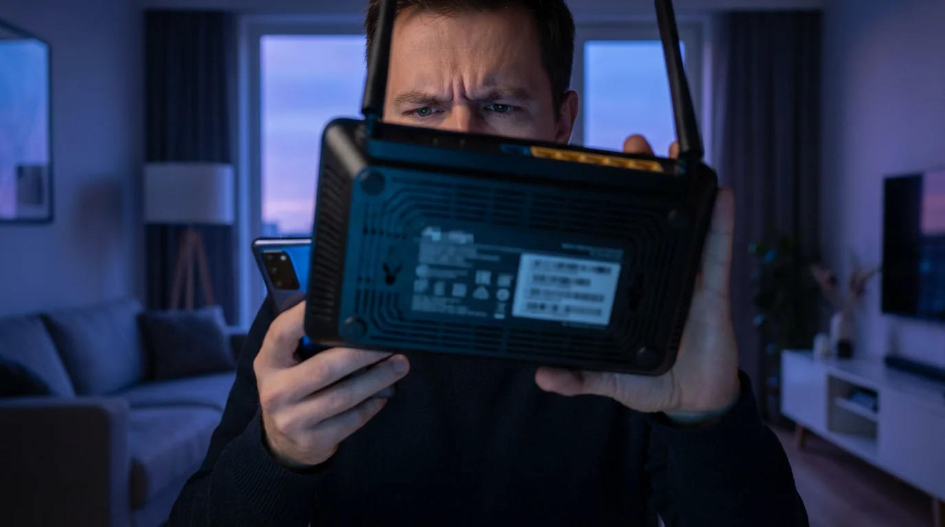 Person checking the label on the bottom of a Wi-Fi router in a dim living room.