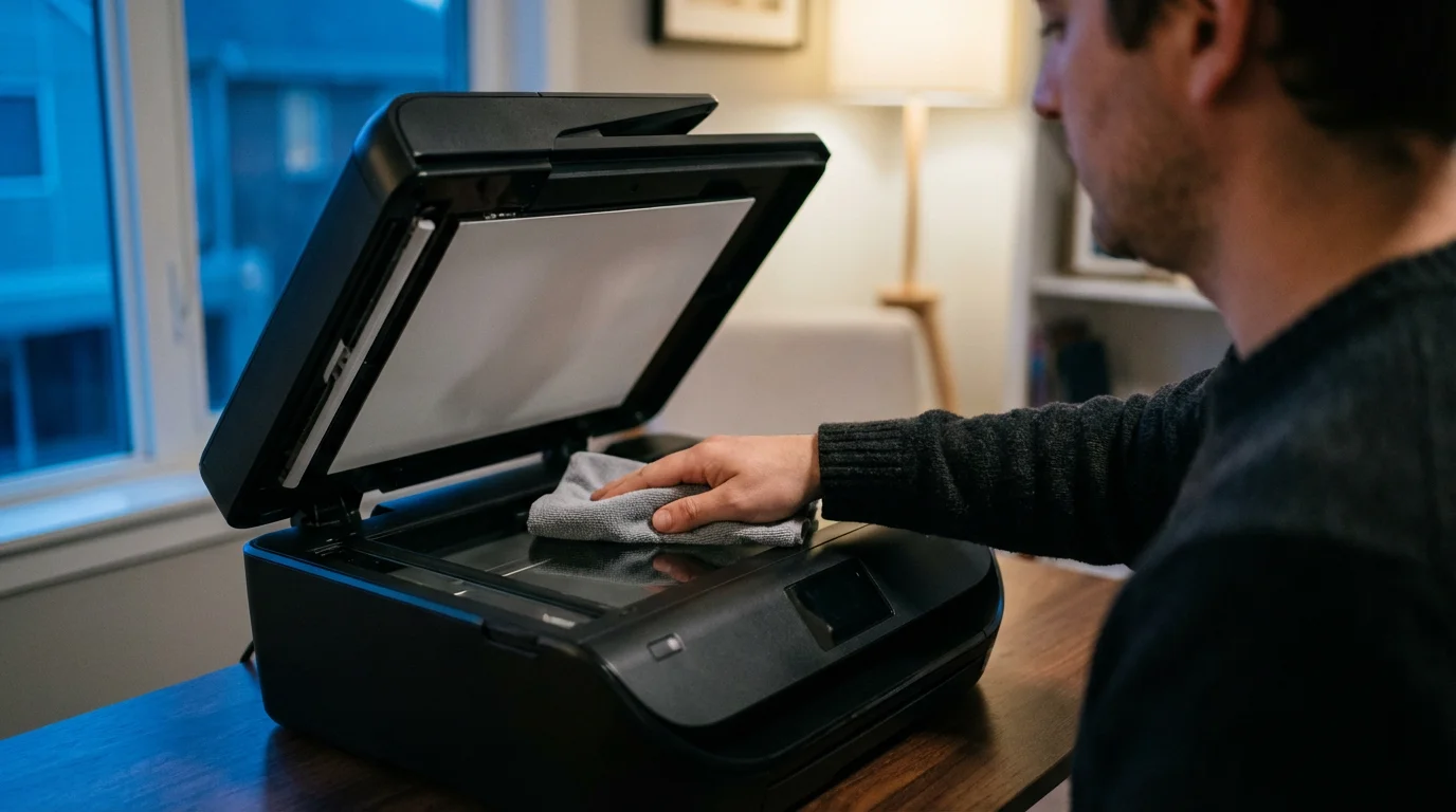 Person cleaning printer scanner glass with microfiber cloth during the evening.
