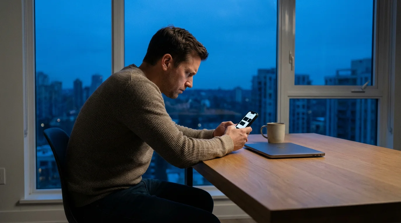 Person concentrating on a smartphone while troubleshooting display settings during blue hour.