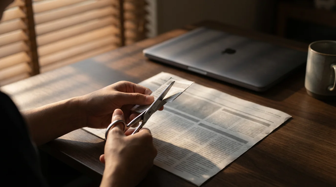 Person cutting a section out of a paper document with scissors at a desk.