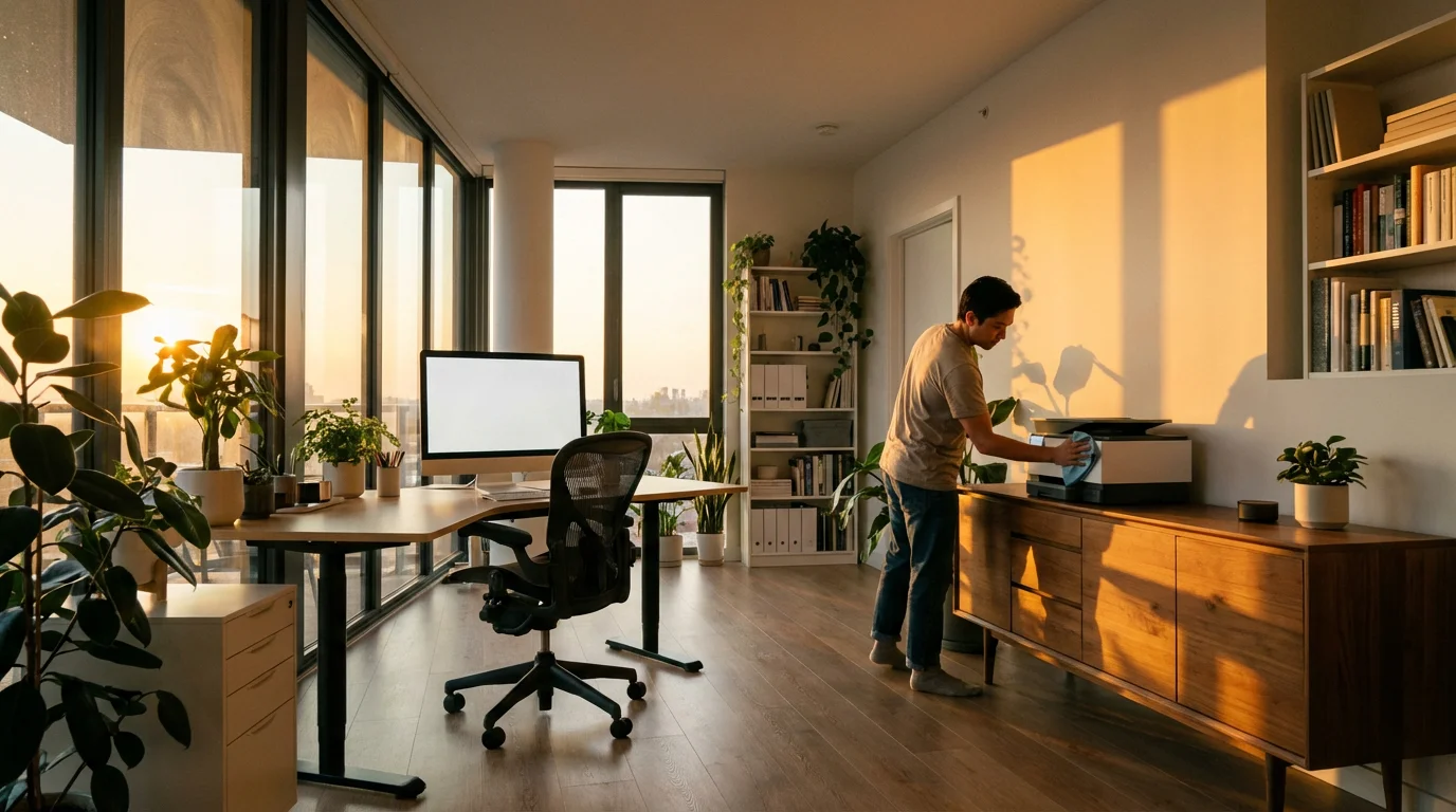 Person gently cleaning dust off a printer in a sunlit home office workspace