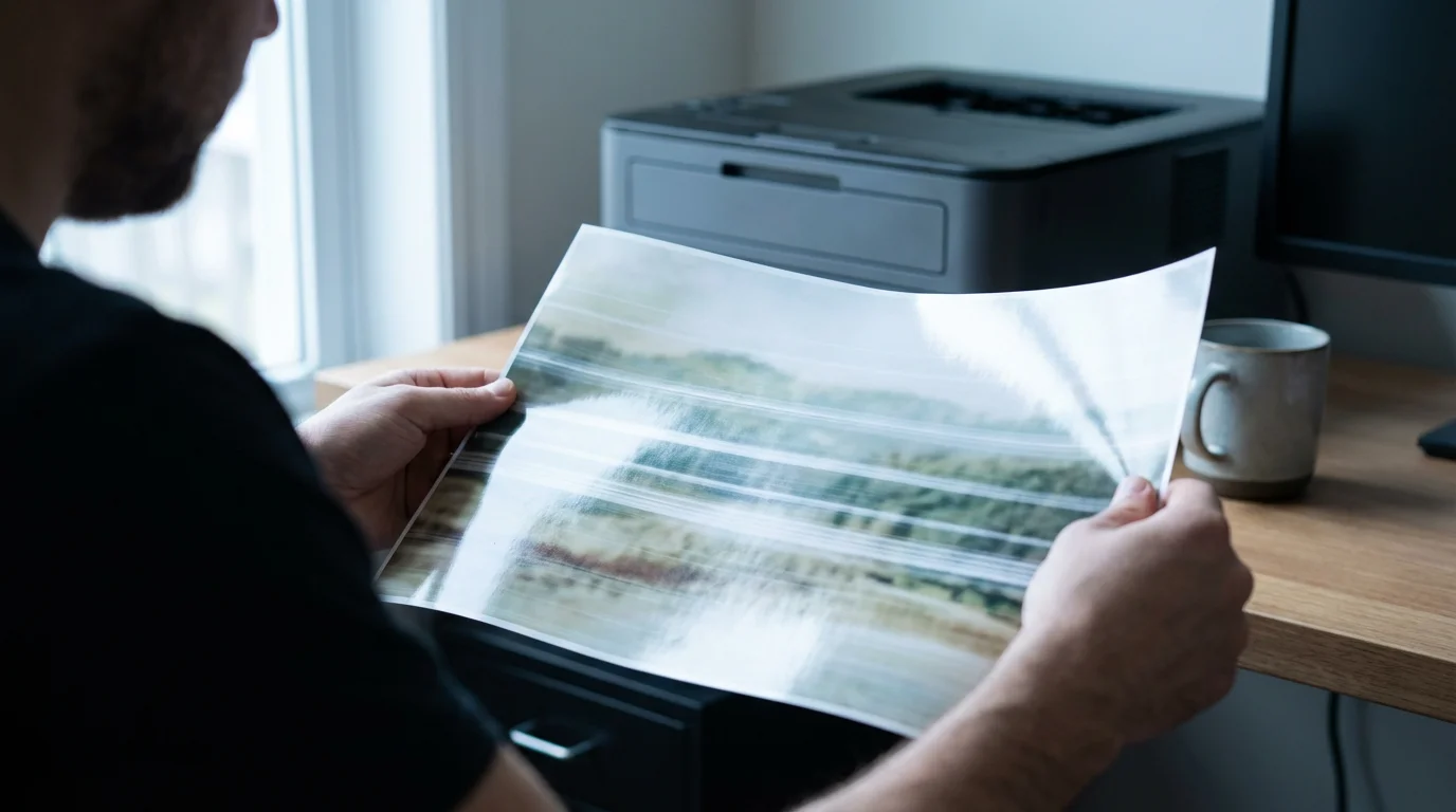 Person holding a printed photo with visible ink streaks and faded colors.