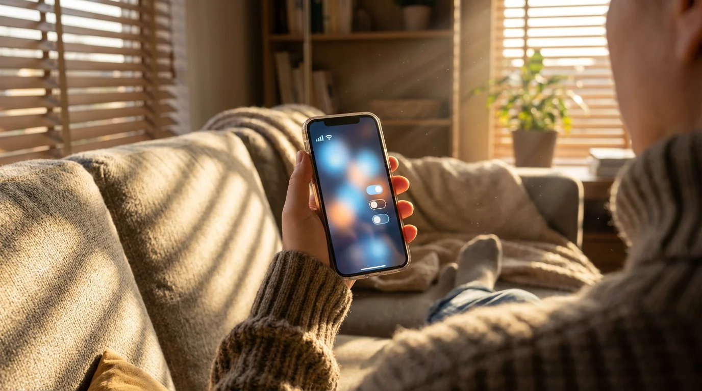Person holding a smartphone in a living room connecting to Wi-Fi settings.