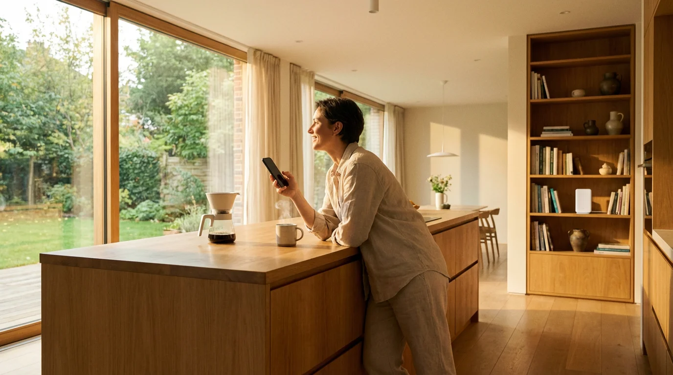 Person holding a smartphone in a sunlit modern kitchen with a router in the background