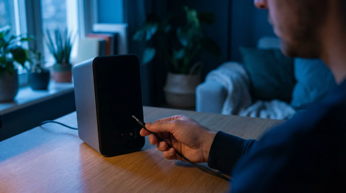 Person holding audio cable inspecting speaker ports at desk during evening.