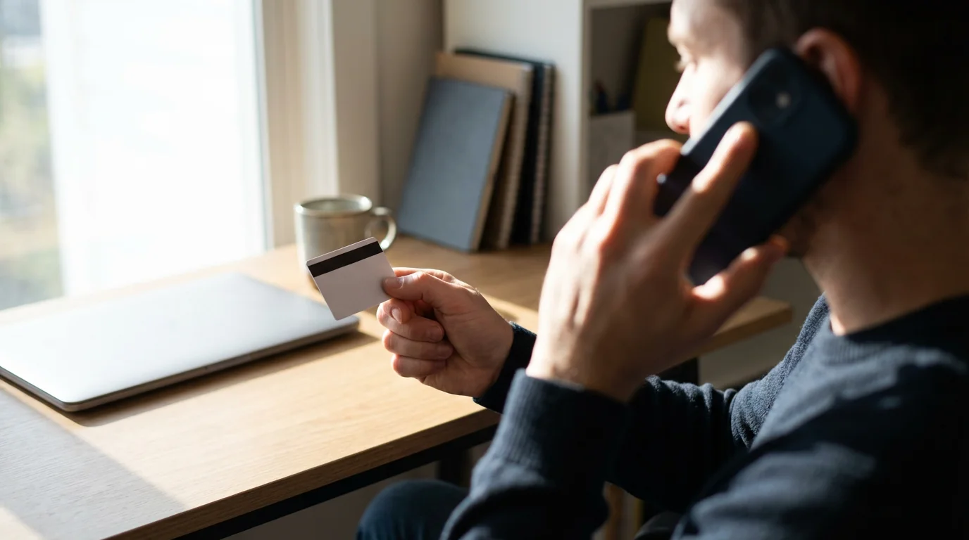 Person holding credit card making urgent phone call in home office.