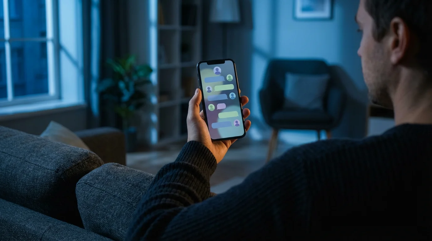 Person holding phone looking at suspicious social media activity during blue hour evening.