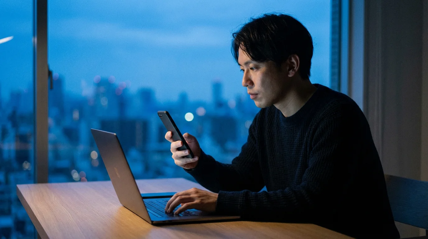 Person holding smartphone and sitting at laptop during evening representing two-factor authentication process.