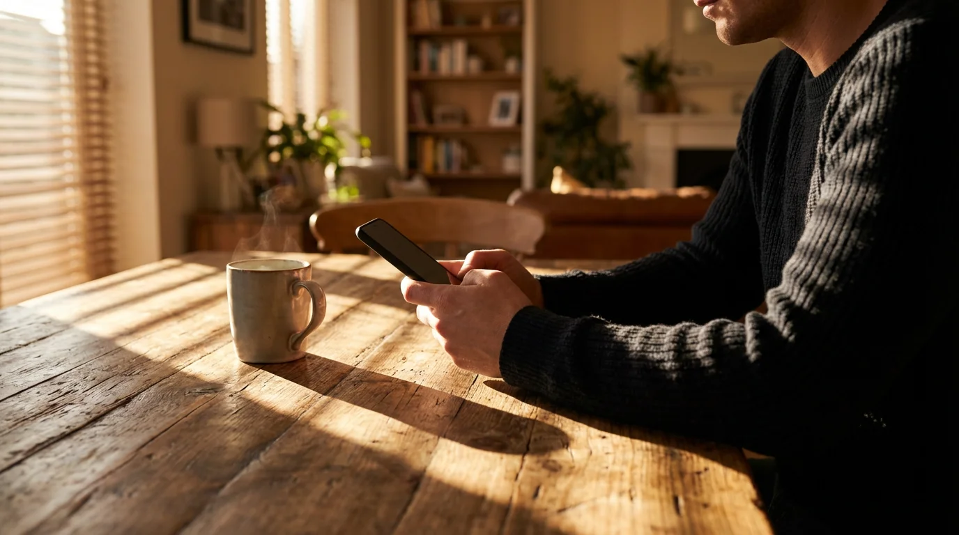 Person holding smartphone at table with dramatic afternoon shadow patterns.