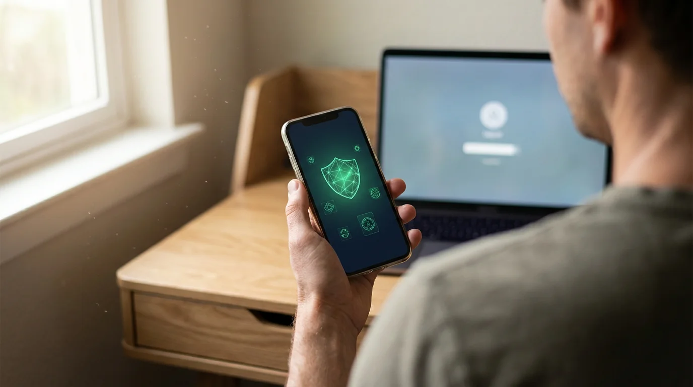 Person holding smartphone checking security notification while sitting at computer desk.