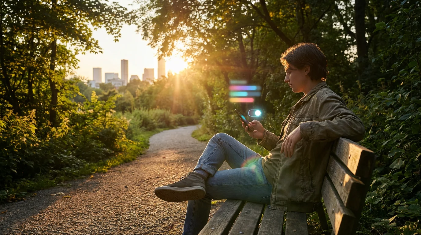 Person holding smartphone in a park at sunset searching for wireless networks.