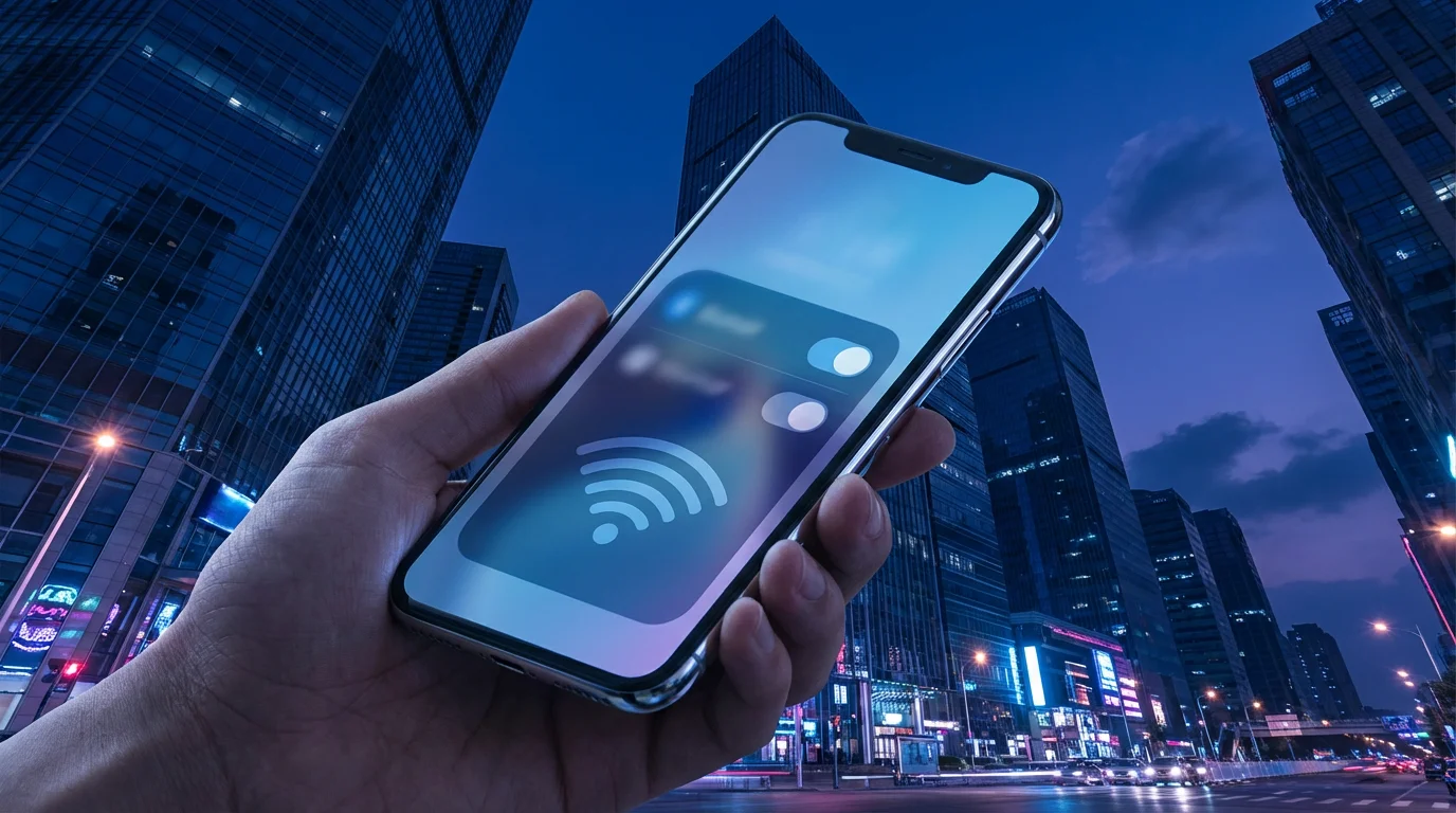 Person holding smartphone in city at twilight connecting to wireless network