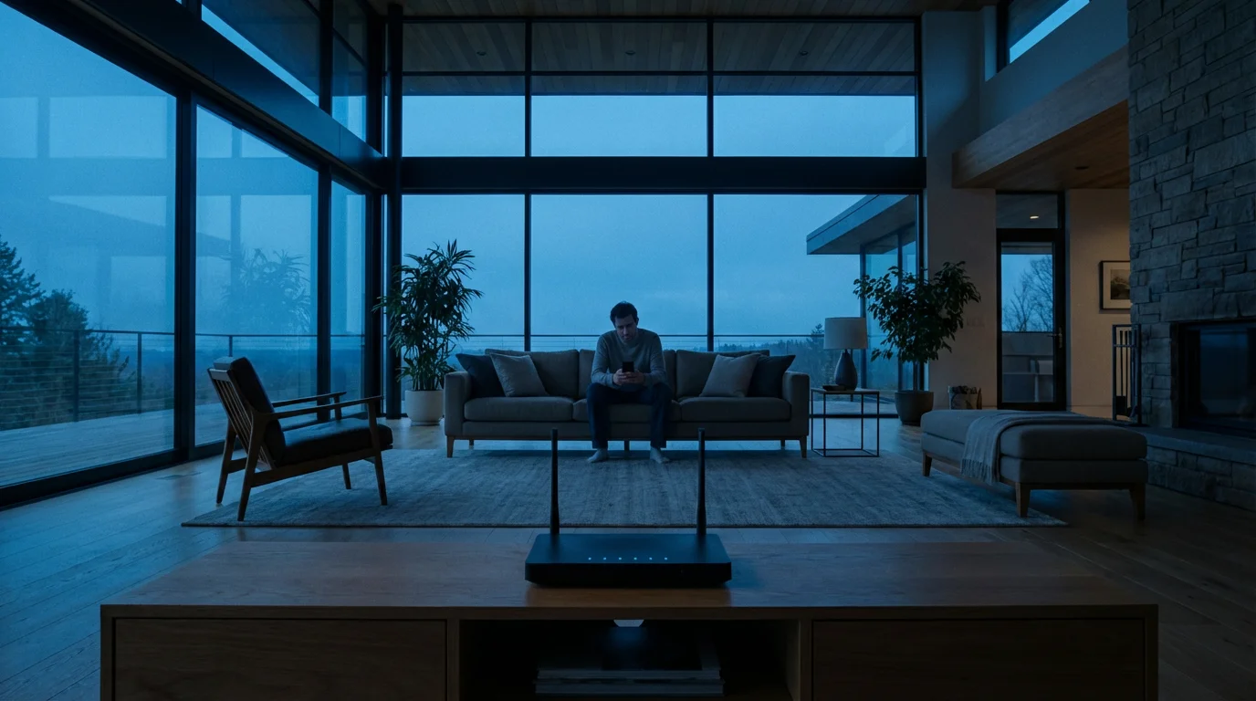 Person holding smartphone in dark living room near router during blue hour evening.