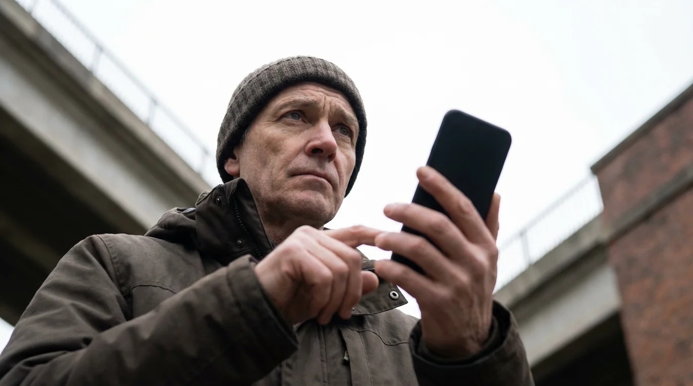 Person holding smartphone looking contemplative outdoors under bright overcast sky.