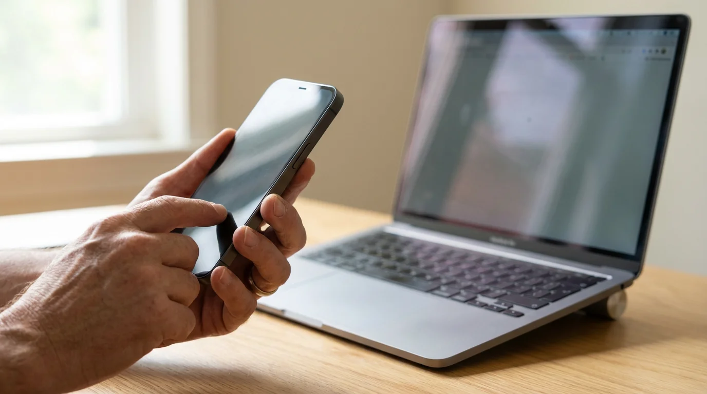 Person holding smartphone near laptop in home office setting up security.