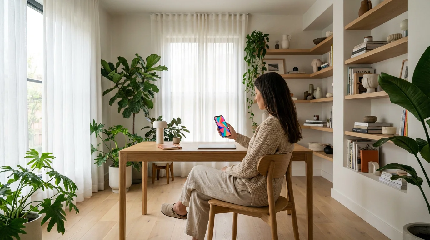 Person holding smartphone with colorful abstract screen in a modern bright home office with plants.