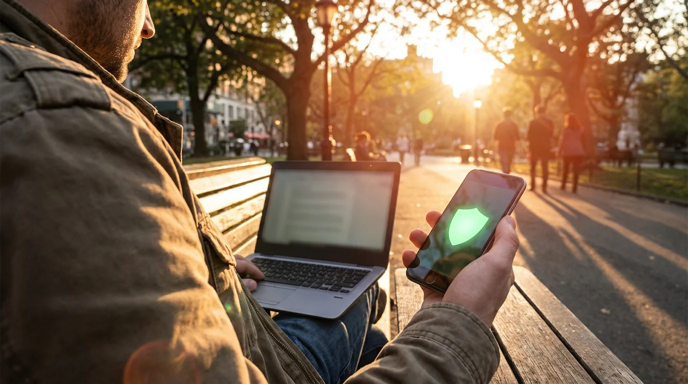Person holding smartphone with security icon while sitting on park bench at sunset.