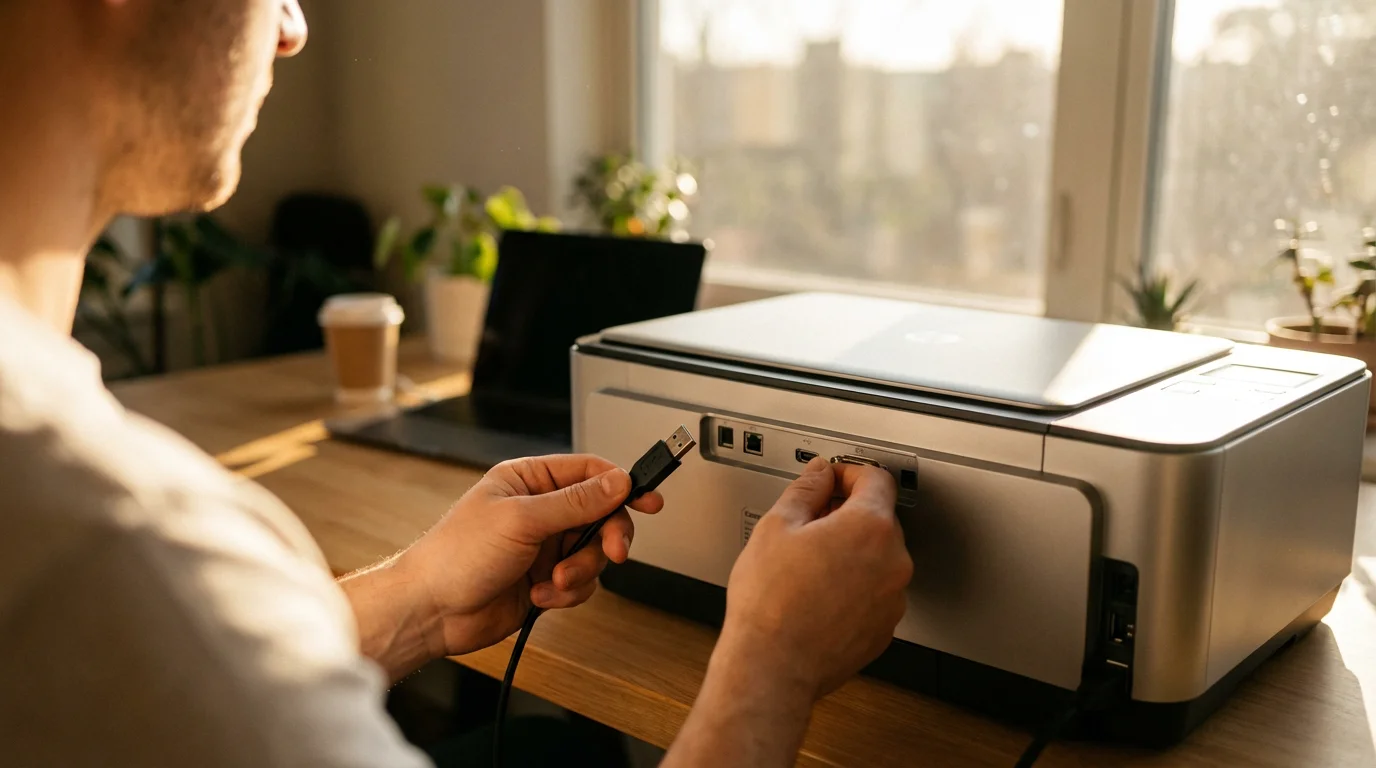 Person holding USB cable looking at printer connection ports in sunlit office.
