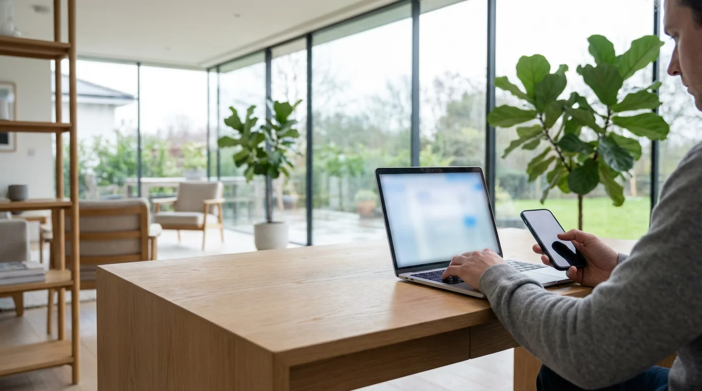 Person in modern home office using laptop and smartphone for two-factor authentication.