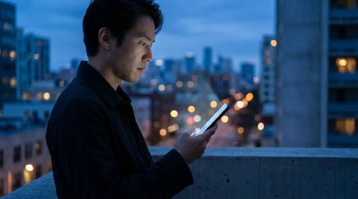 Person looking at smartphone on an urban balcony at dusk during blue hour.