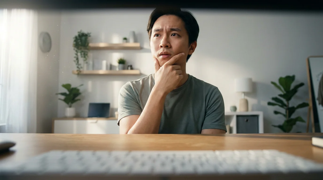 Person looking puzzled at computer desk while troubleshooting audio issues in morning light.