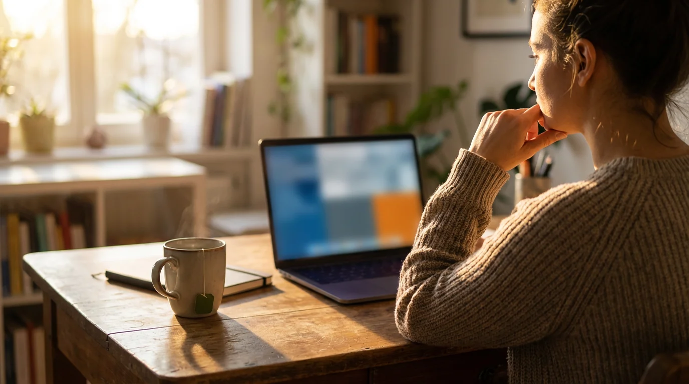 Person looking skeptically at a laptop screen in a sunlit home office.