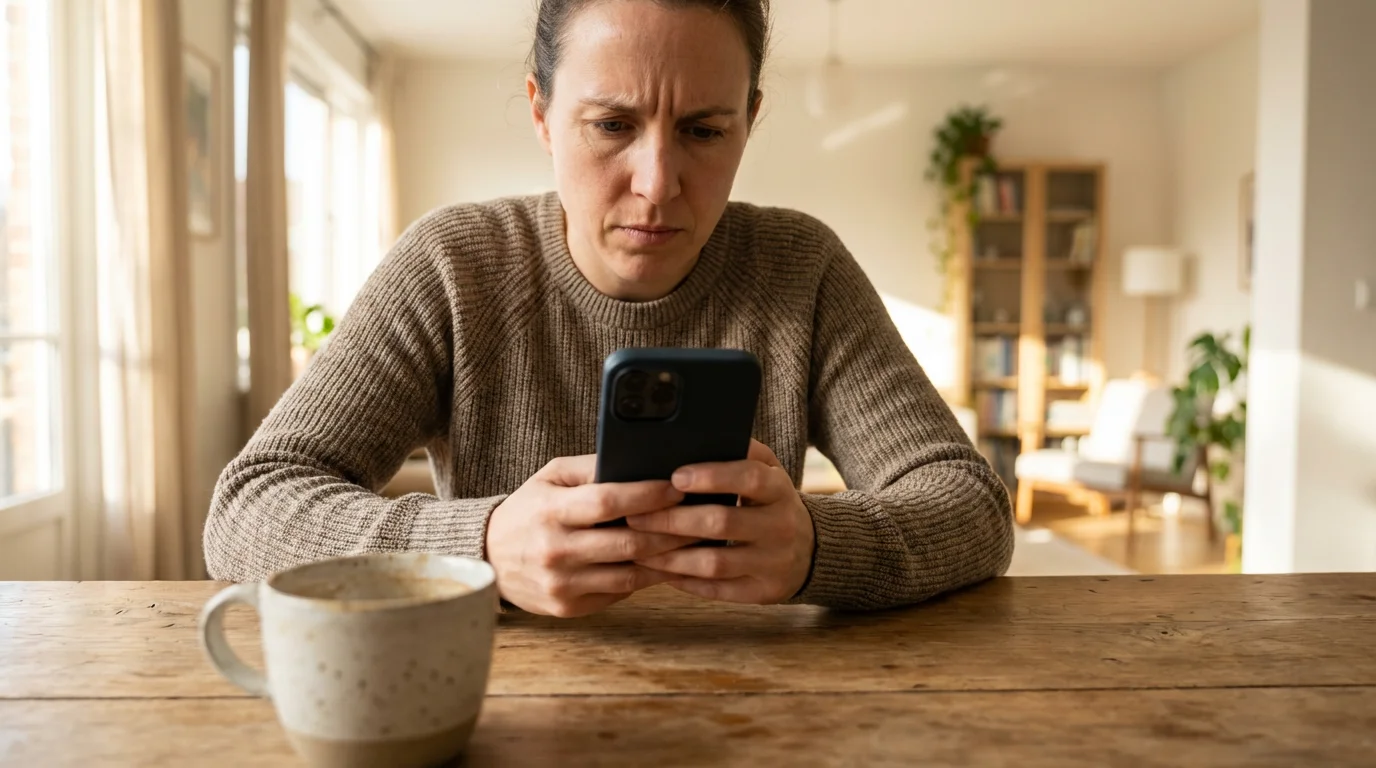 Person looking skeptically at smartphone while sitting at kitchen table with coffee.